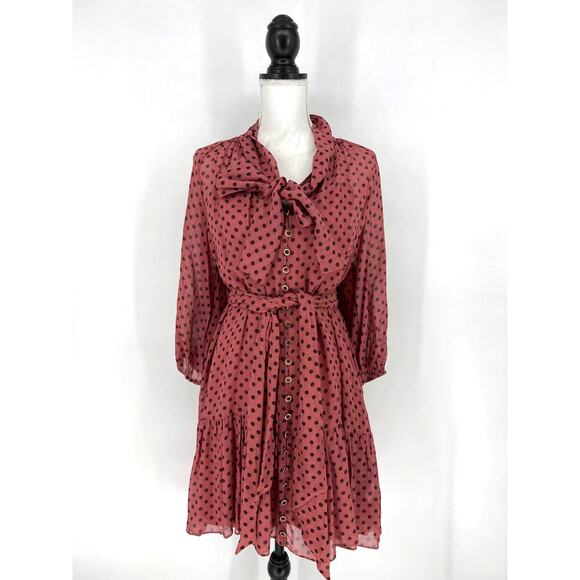 Zimmermann Polka Dot Bow Chiffon Mini Dress in Burgundy - Picture 4 of 14